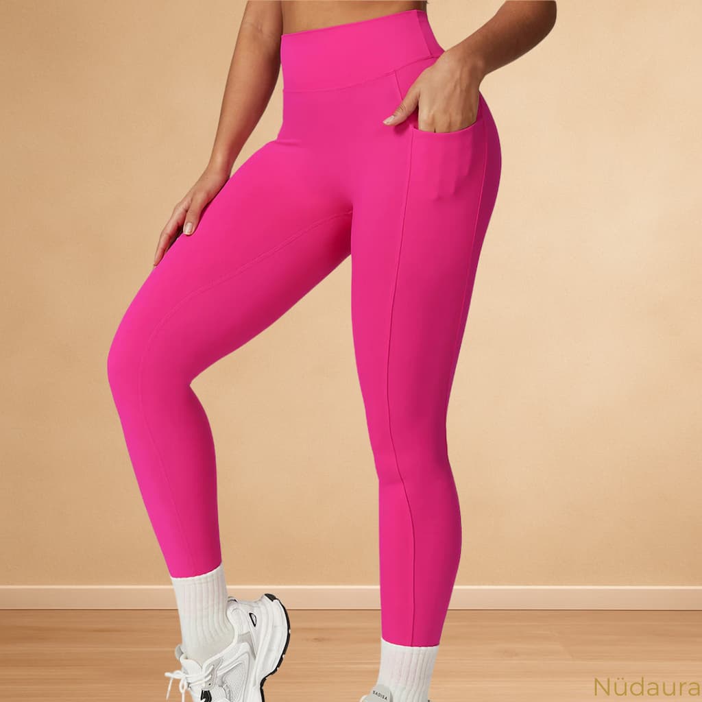Nüdaura AeroForm Contour Leggings – Bright Pink color, side pocket pose.