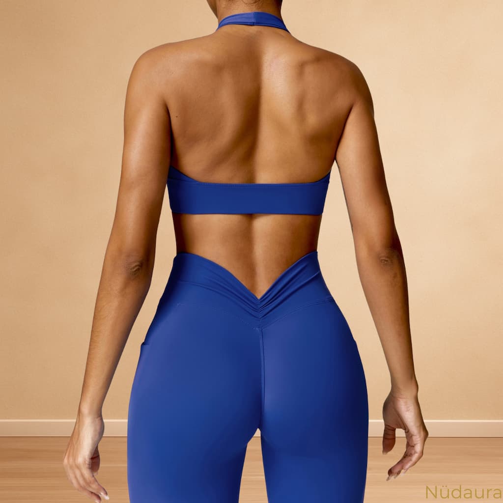 Nüdaura AeroForm Set – Bold Blue color, back closeup pose.