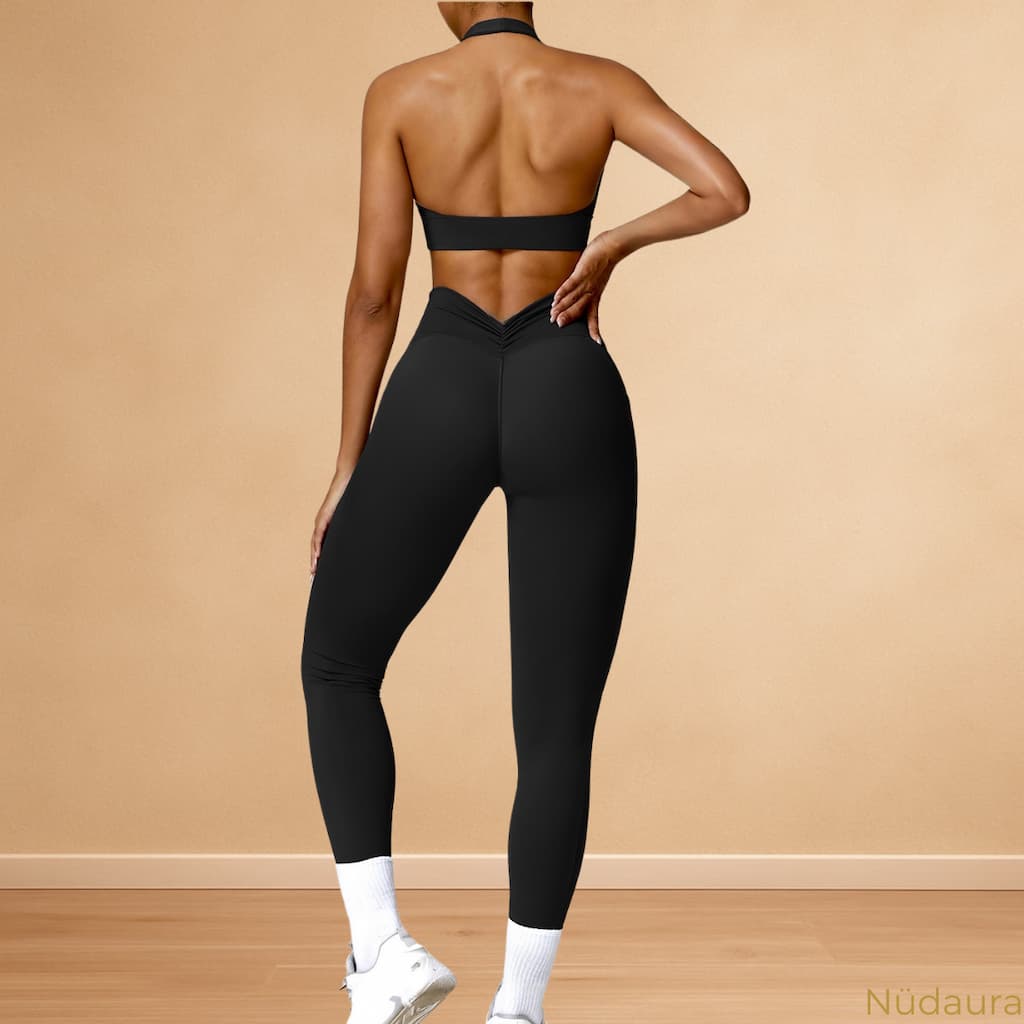 Nüdaura AeroForm Set – Classic Black color, back view with halter and ruched waistband.