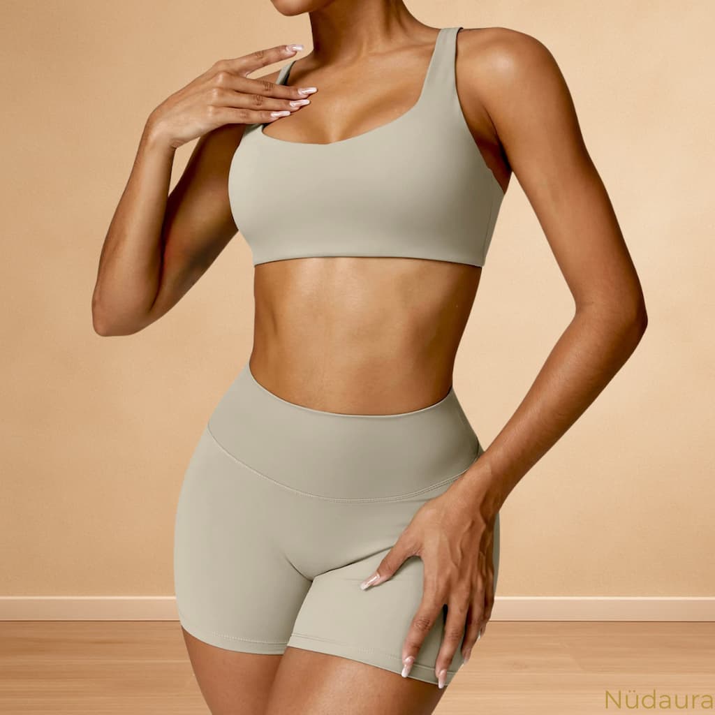 Nüdaura ContourFlow Seamless Duo – Camel color, front pose.