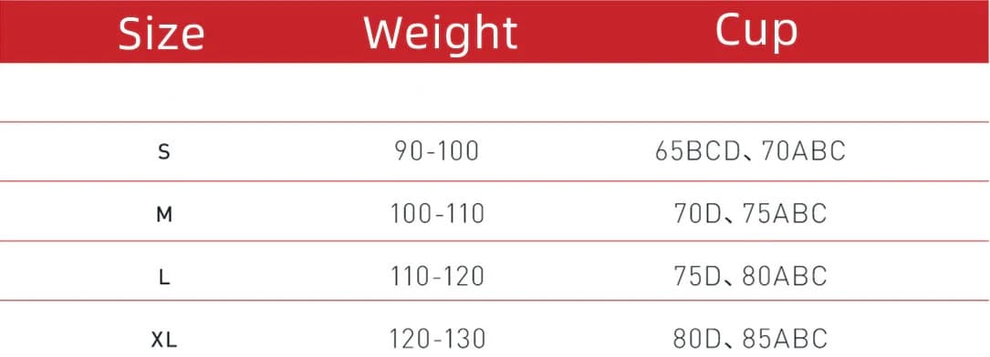 Nüdaura ContourFlow Seamless Duo – Size chart showing weight and cup size recommendations for S to XL.