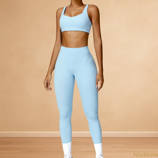Nüdaura ContourFlow Set – Sky Blue color, front full-body pose.