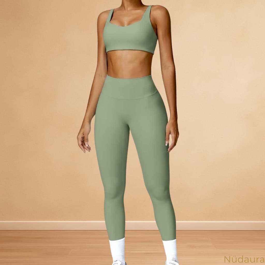 Nüdaura ContourFlow Set – Soft Green color, front full-body pose.