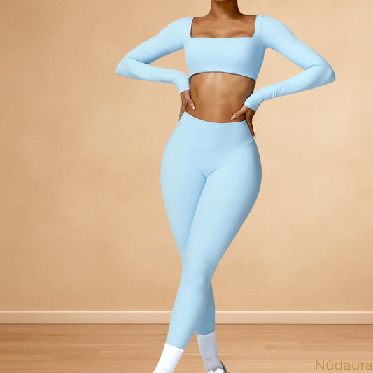 Nüdaura ContourFlow Seamless Suit – Sky Blue color, front pose.