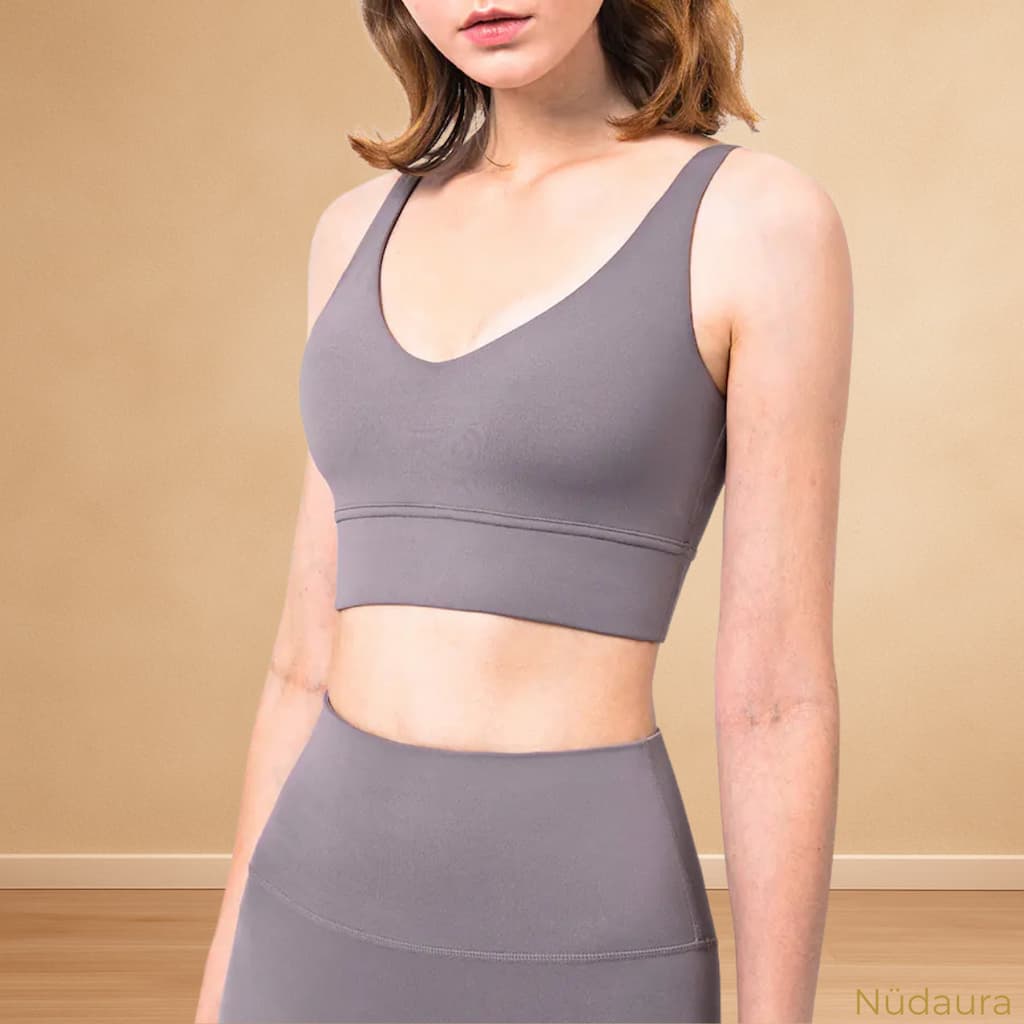Nüdaura DeepV Bra – Light Gray color, angled front pose.