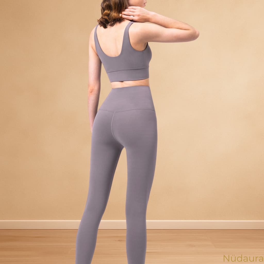 Nüdaura DeepV Bra – Light Gray color, back view pose.