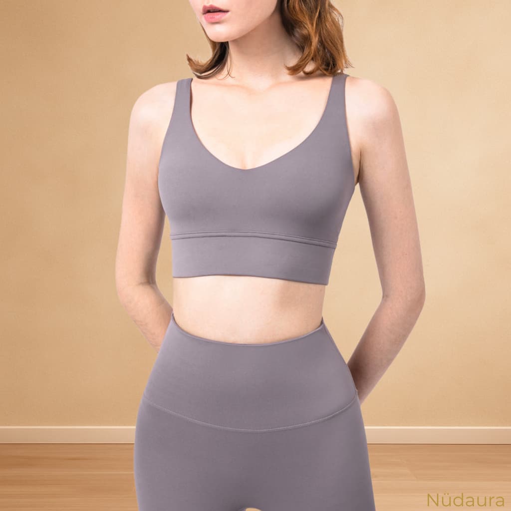 Nüdaura DeepV Bra – Light Gray color, front view pose.