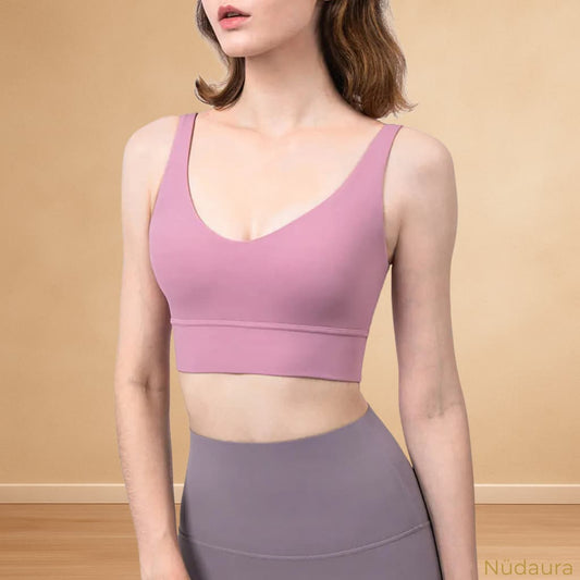 Nüdaura DeepV Bra – Muted Rose color, front view.