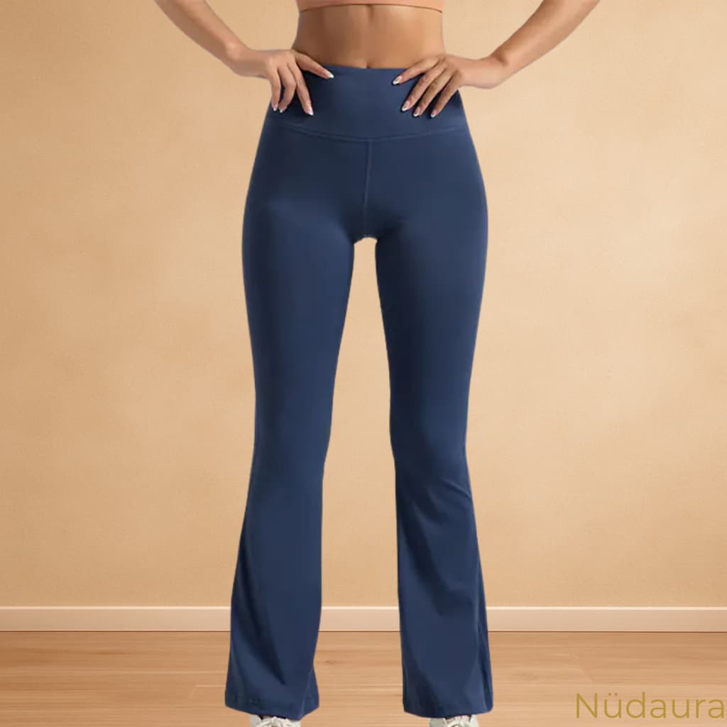 Nüdaura FlareForm Leggings – Sky Blue color, front stance pose.