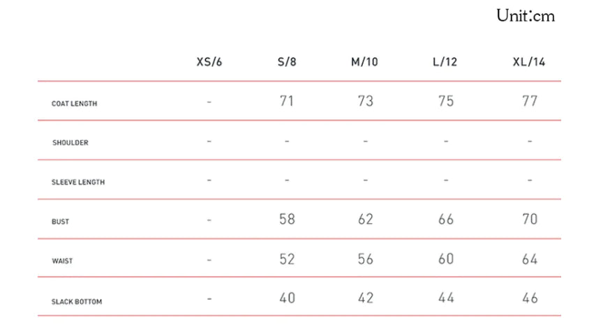 Nüdaura MotionEase Romper – Size chart with bust, waist, coat length, and slack bottom in cm.