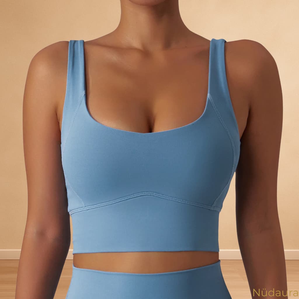 Nüdaura NudeFeel Comfort Sports Bra – Cool Blue color, front pose.