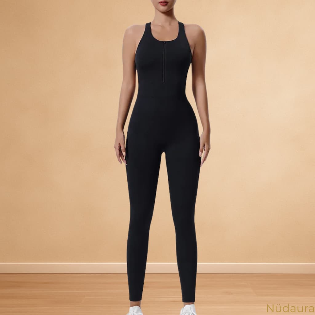 Nüdaura OneFlow Jumpsuit – Classic Black color, front zip pose.