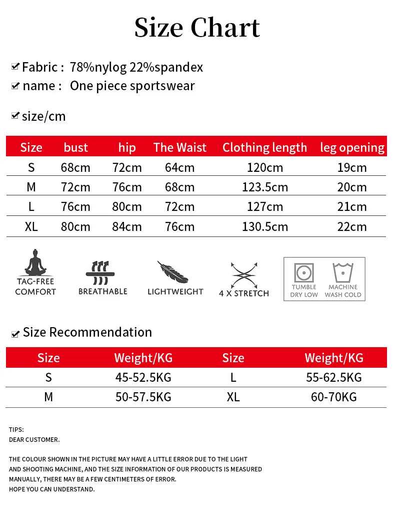 Nüdaura OneFlow Jumpsuit – Size chart with bust, waist, hip, length, leg opening, and weight in cm.