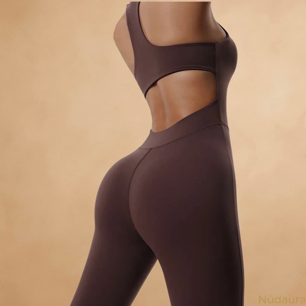 Nüdaura OneFlow Jumpsuit – Warm Brown color, back angle pose.