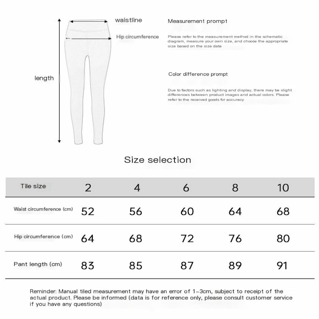 Nüdaura PocketFit Leggings – Size chart with waist, hip, and pant length measurements.