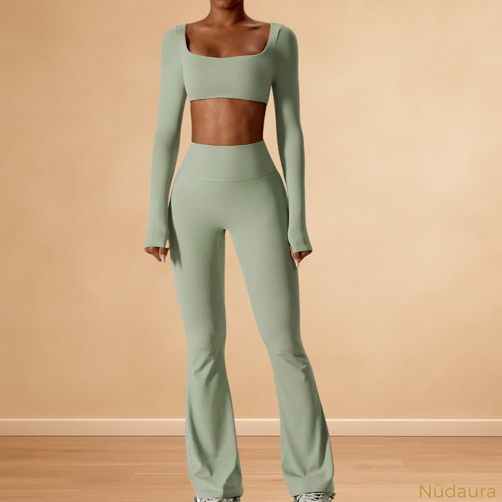 Nüdaura SculptFit Set – Muted Green color, front stance pose.