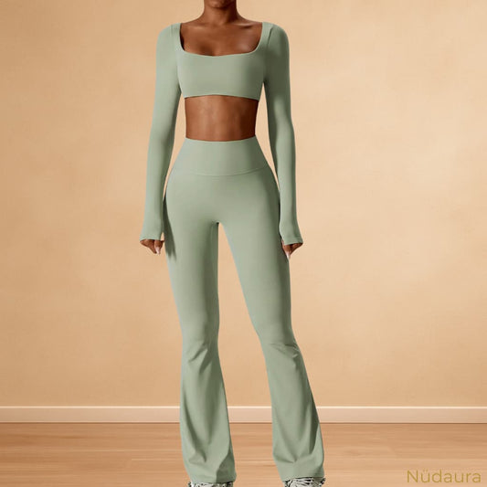 Nüdaura SculptFit Set – Muted Green color, front stance pose.