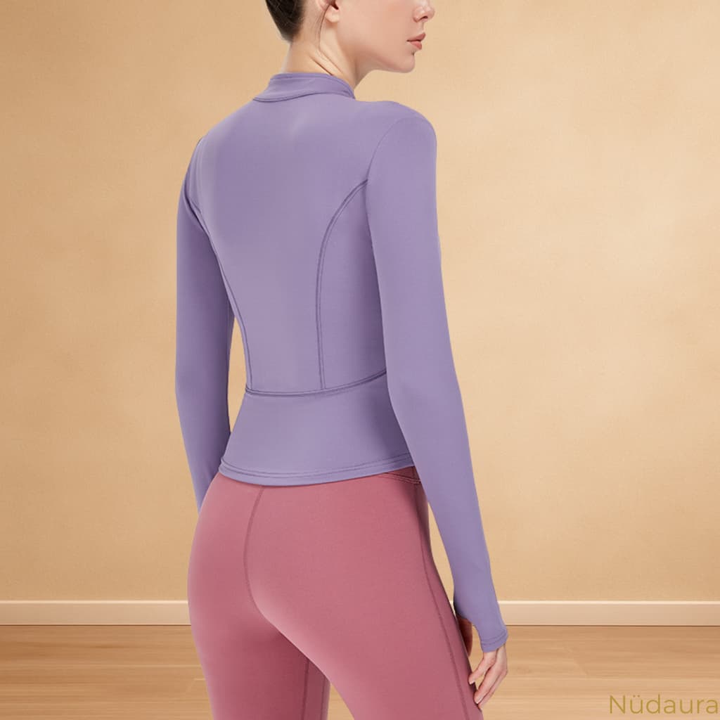 Nüdaura ThermalFlow Jacket – Muted Purple color, back pose.