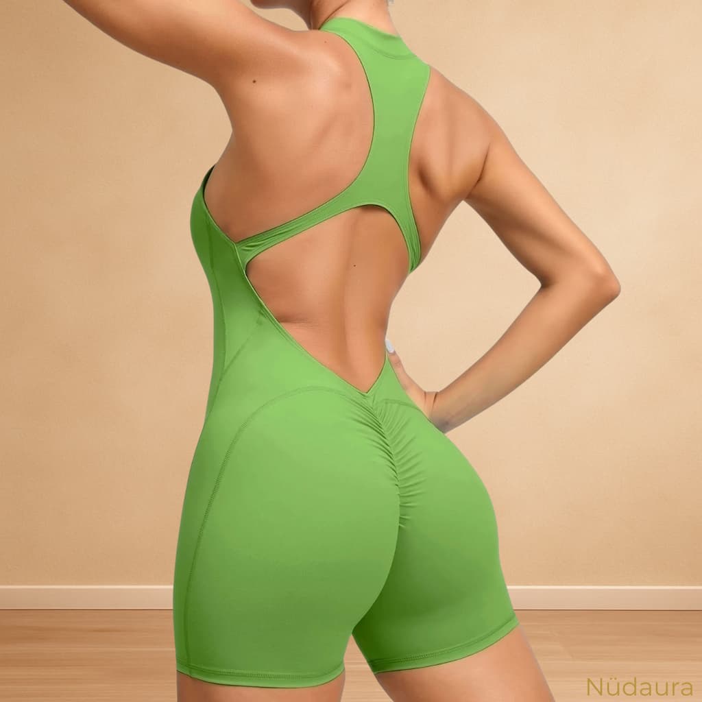Nüdaura ZipForm Bodysuit – Bright Green color, back angle pose.