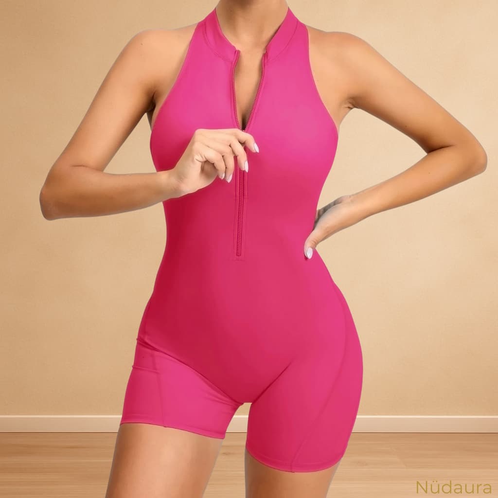 Nüdaura ZipForm Bodysuit – Vivid Pink color, front zip pose.