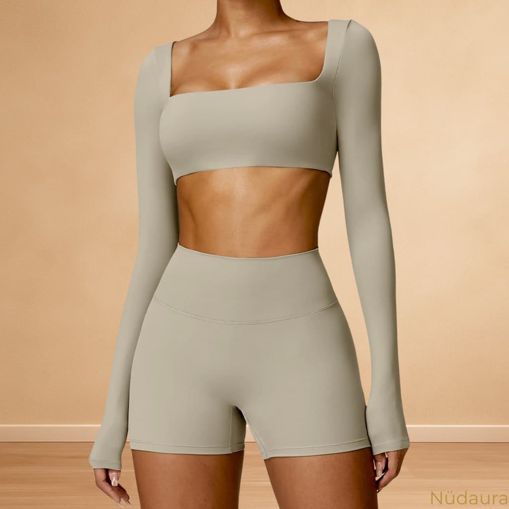 Nüdaura ContourFlow Seamless Suit – Camel color, front pose.