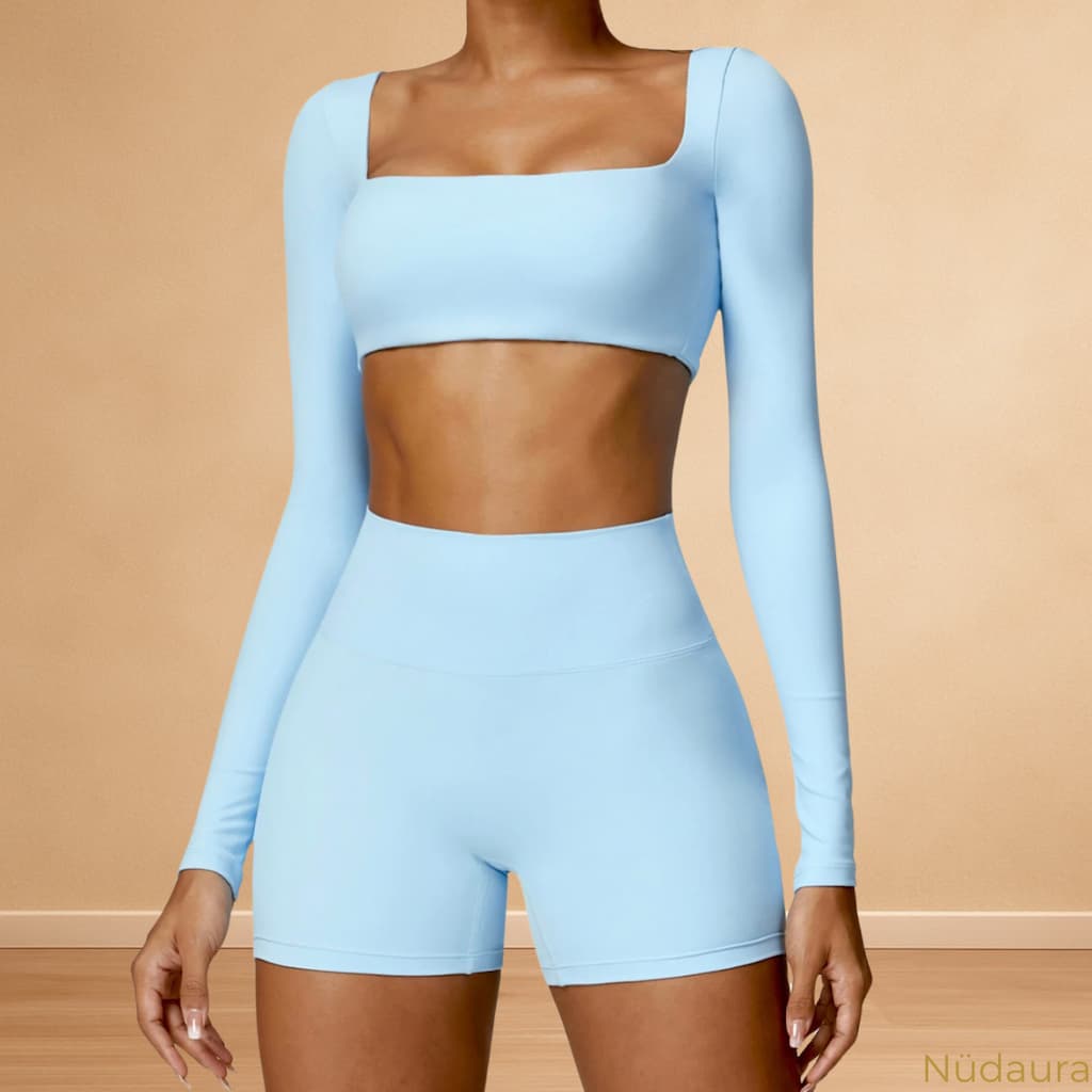Nüdaura ContourFlow Seamless Suit – Sky Blue color, front pose.