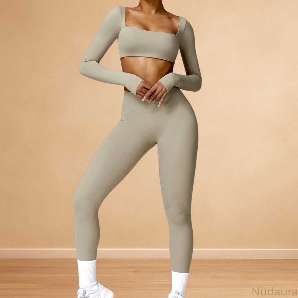 Nüdaura ContourFlow Seamless Suit – Camel color, front pose.