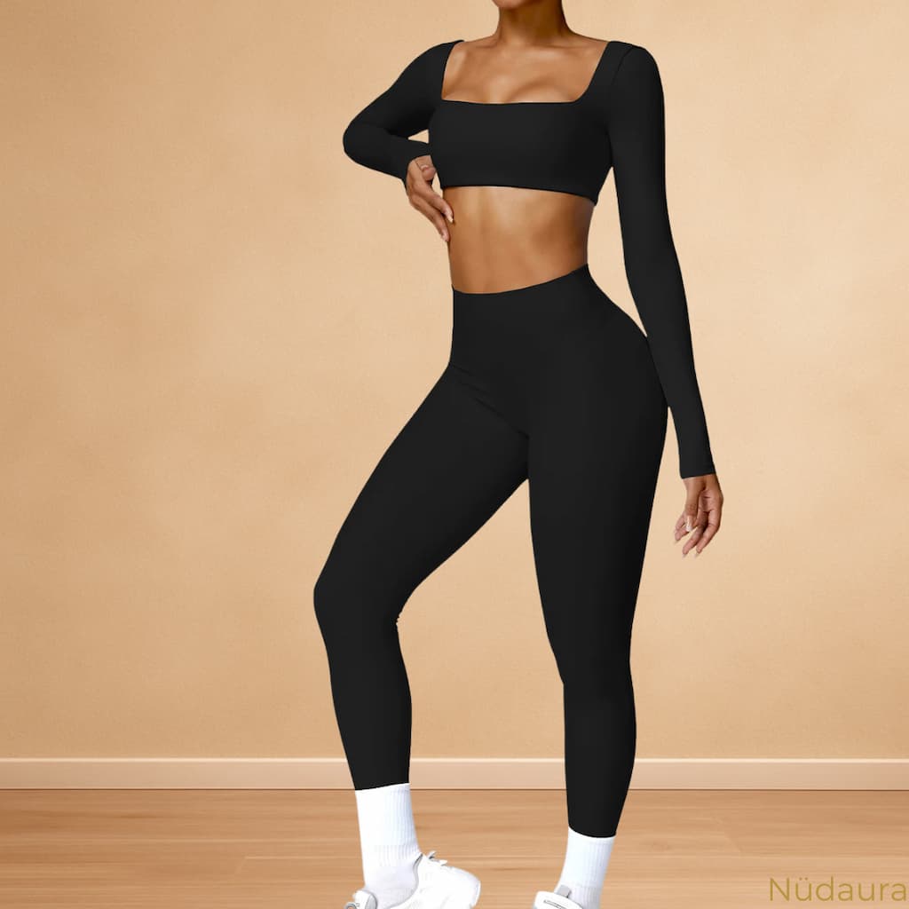 Nüdaura ContourFlow Seamless Suit – Classic Black color, front pose.