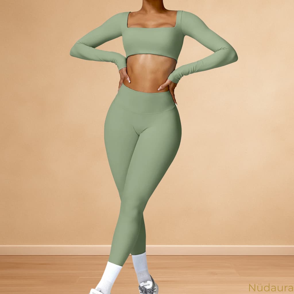 Nüdaura ContourFlow Seamless Suit – Soft Green color, front pose.
