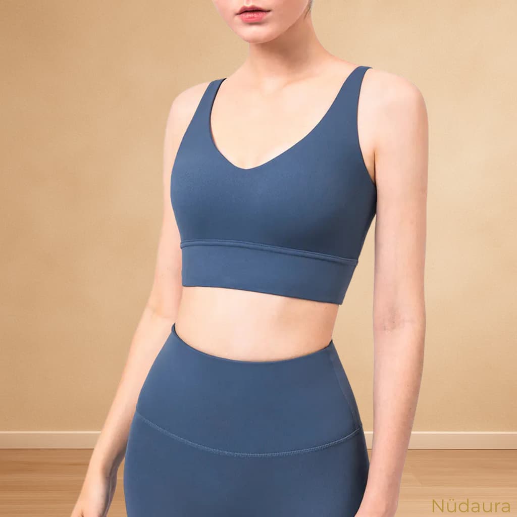Nüdaura DeepV Bra – Medium Blue color, front view.