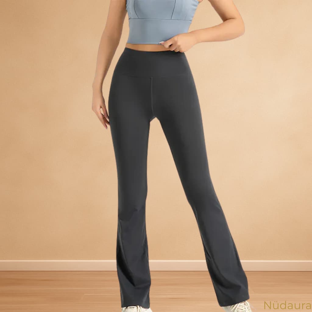 Nüdaura FlareForm Leggings – Dark Gray color, front stance pose.