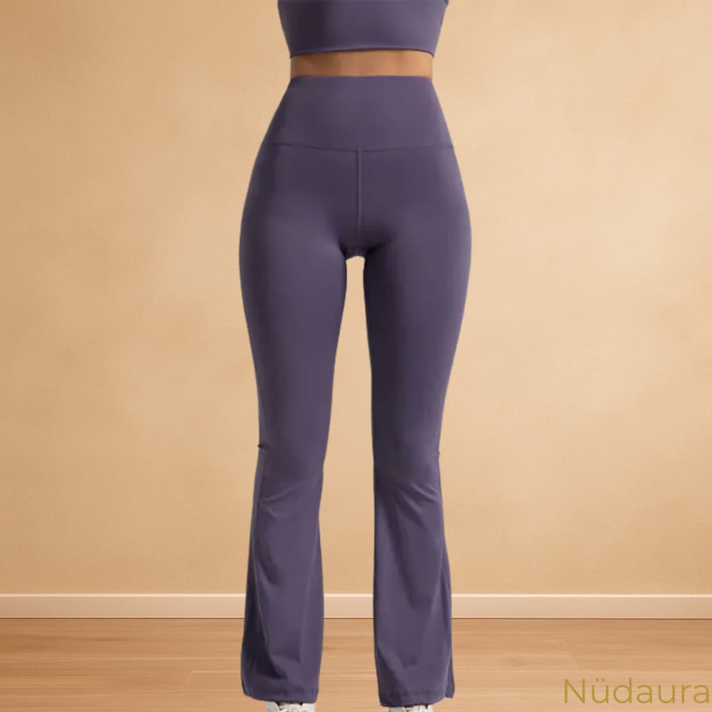 Nüdaura FlareForm Leggings – Muted Plum color, front stance pose.