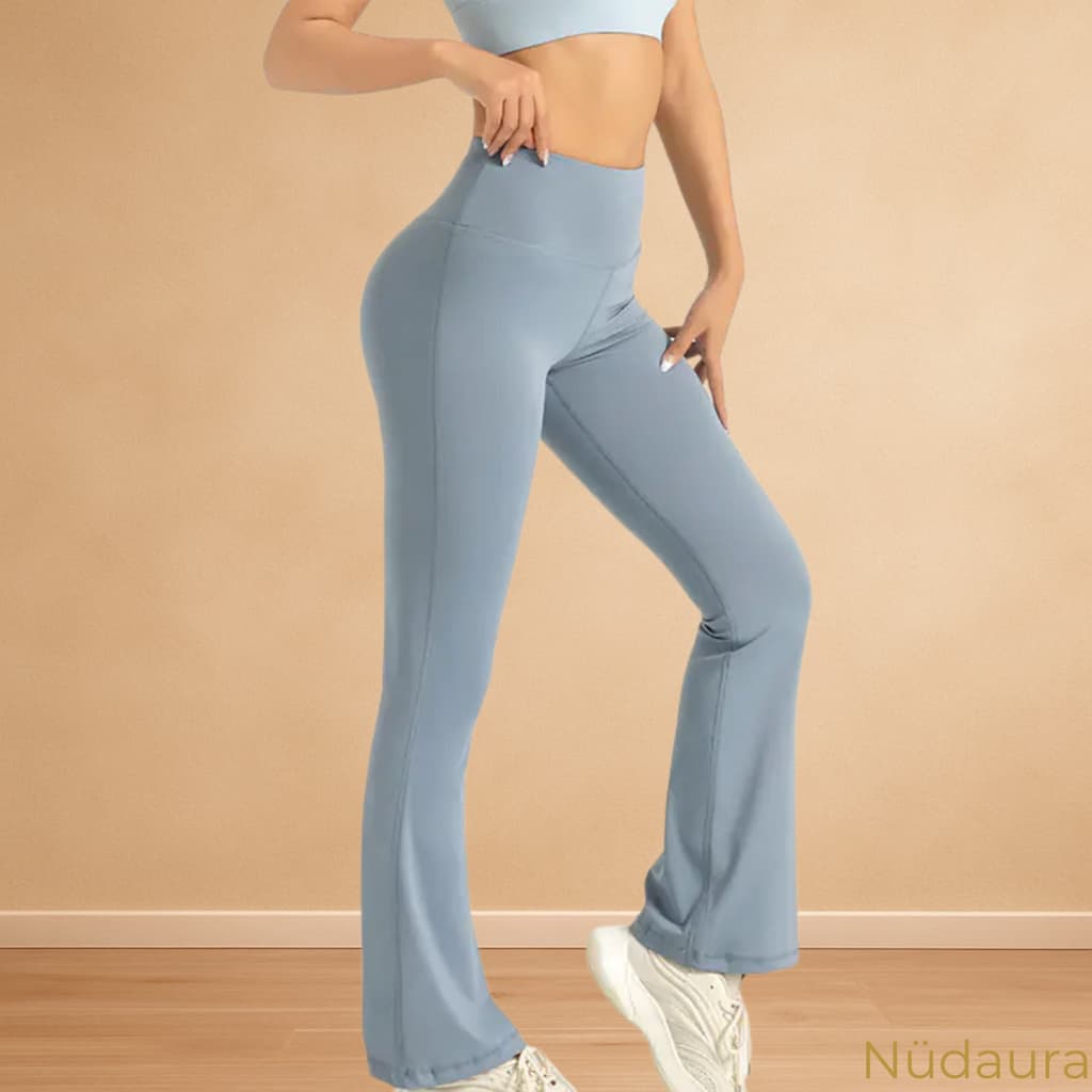Nüdaura FlareForm Leggings – Slate Blue color, side pose.