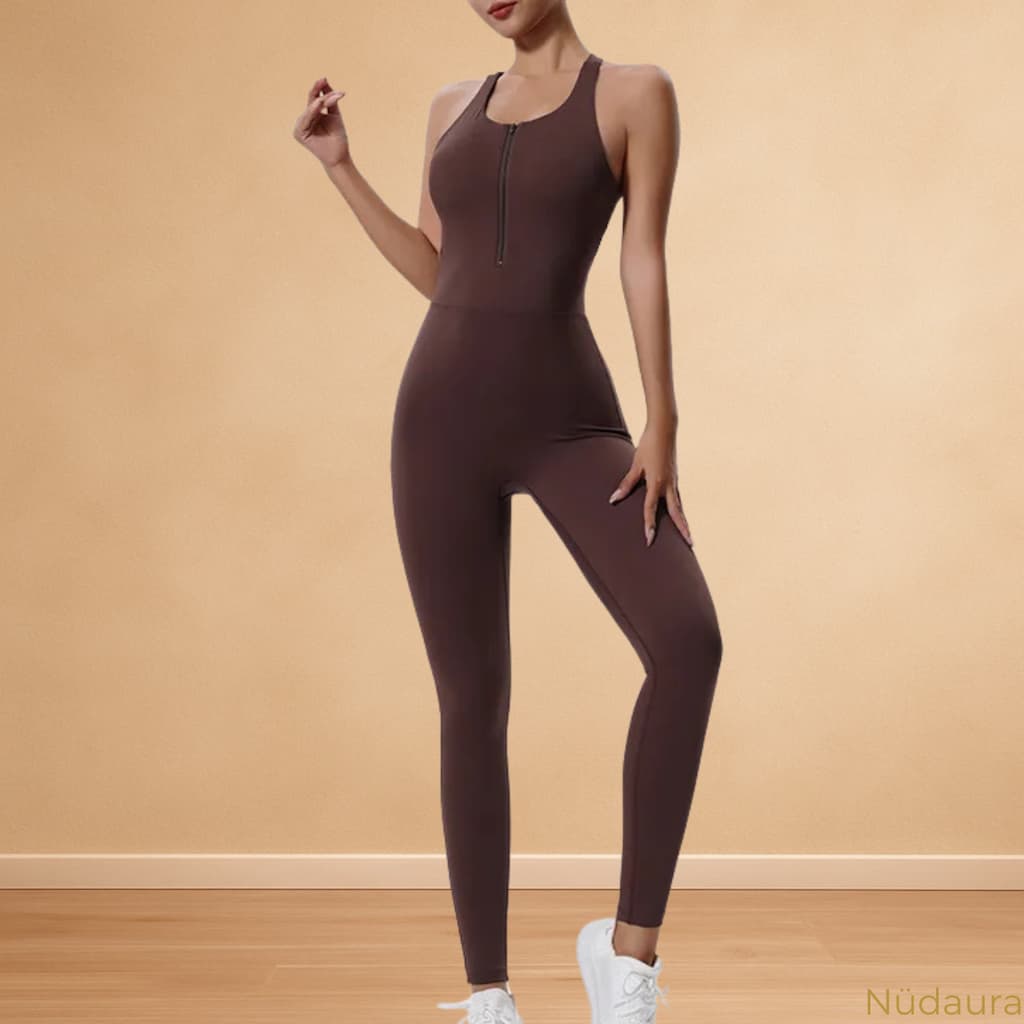 Nüdaura OneFlow Jumpsuit – Warm Brown color, front zip pose.