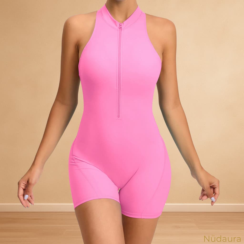 Nüdaura ZipForm Bodysuit – Petal Pink color, front zip pose.