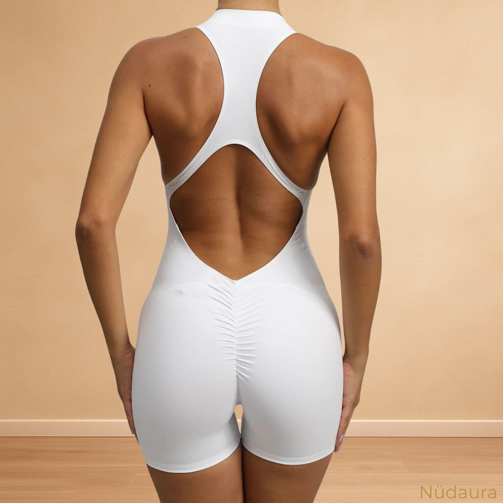 Nüdaura ZipForm Bodysuit – Soft White color, back view pose.